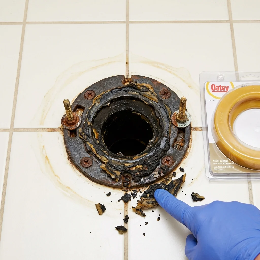 Failed wax ring showing water seepage at the base of a toilet in a Pelham, GA home