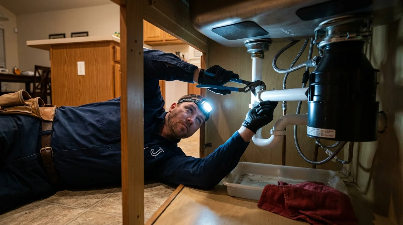P-trap and supply line connections under a kitchen sink showing a common leak point in Pelham, GA